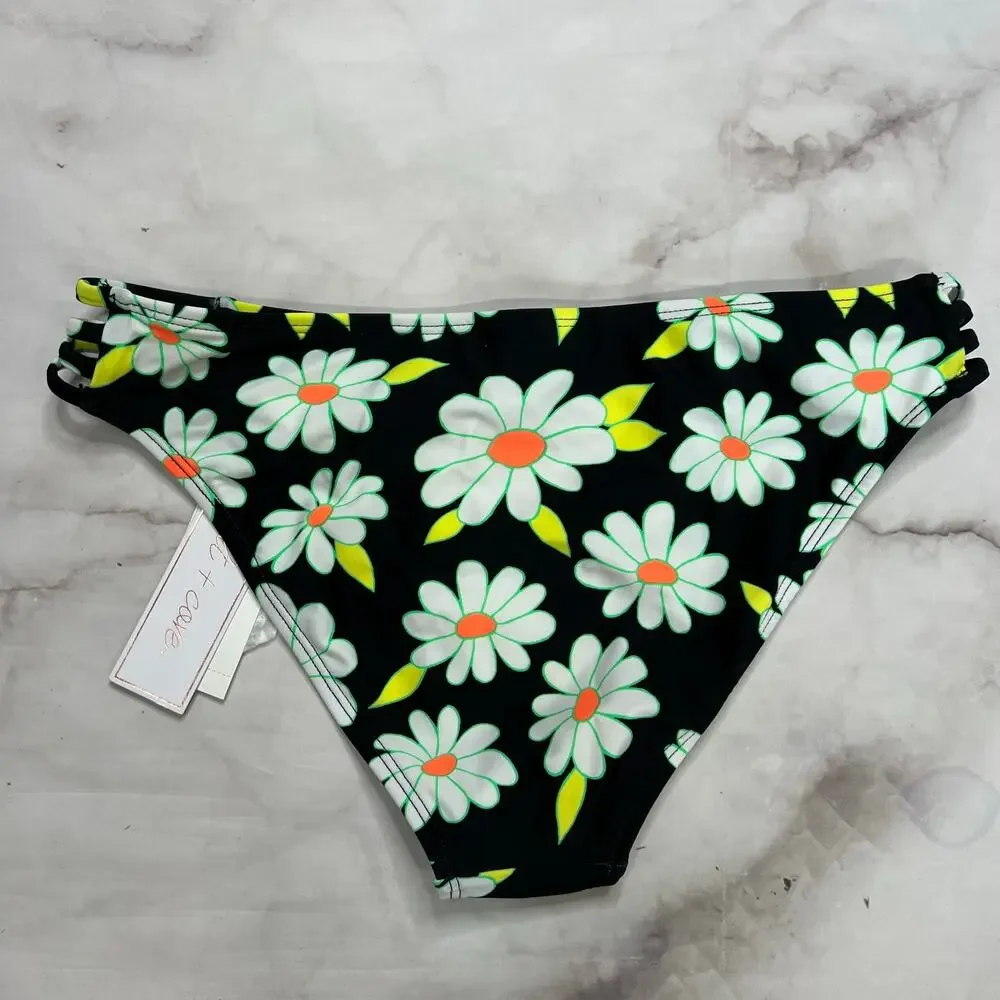 Salt + Cove Juniors Daisy Print Strappy Side Hipster Bikini Bottoms Size M Black